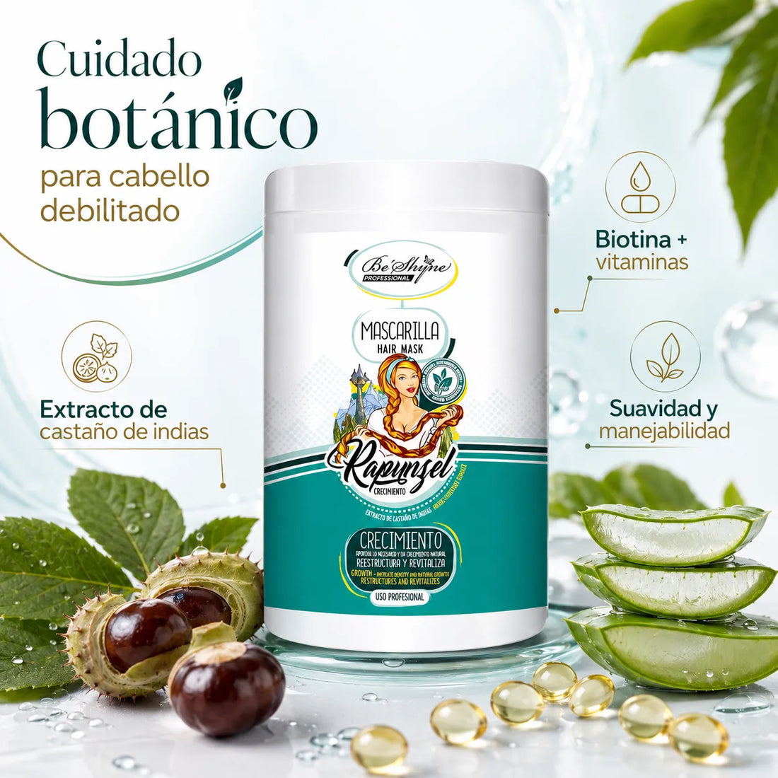 Be´Shyne® – Mascarilla Rapunzel con Extracto de Castaño para Cabello Debilitado 1000ml/500ml