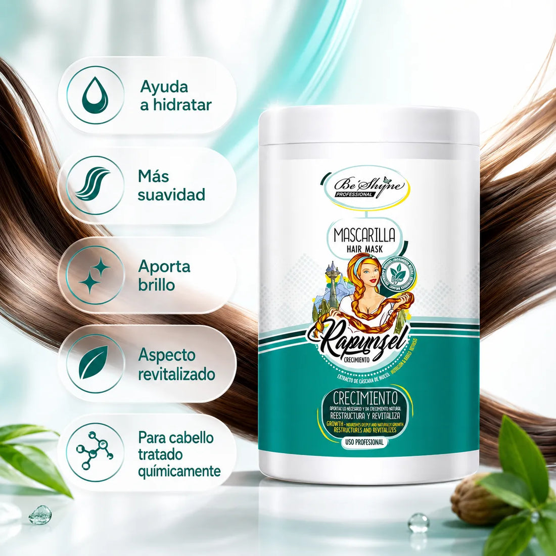 Be´Shyne® – Mascarilla Rapunzel con Extracto de Castaño para Cabello Debilitado 1000ml/500ml