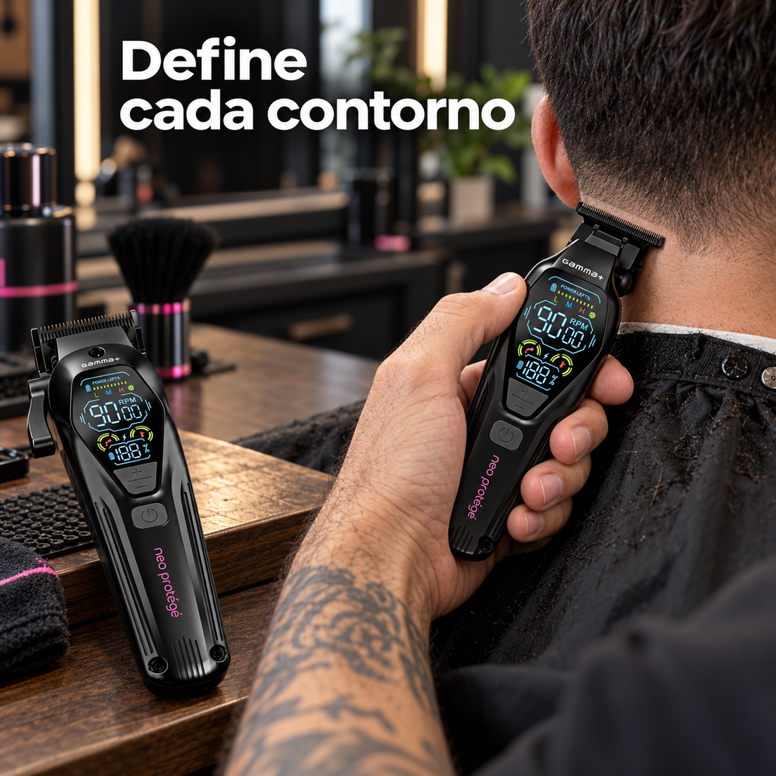Gamma+ – Kit cortapelos profesional Neo Protégé con máquina de corte y retoque, hasta 9000 RPM