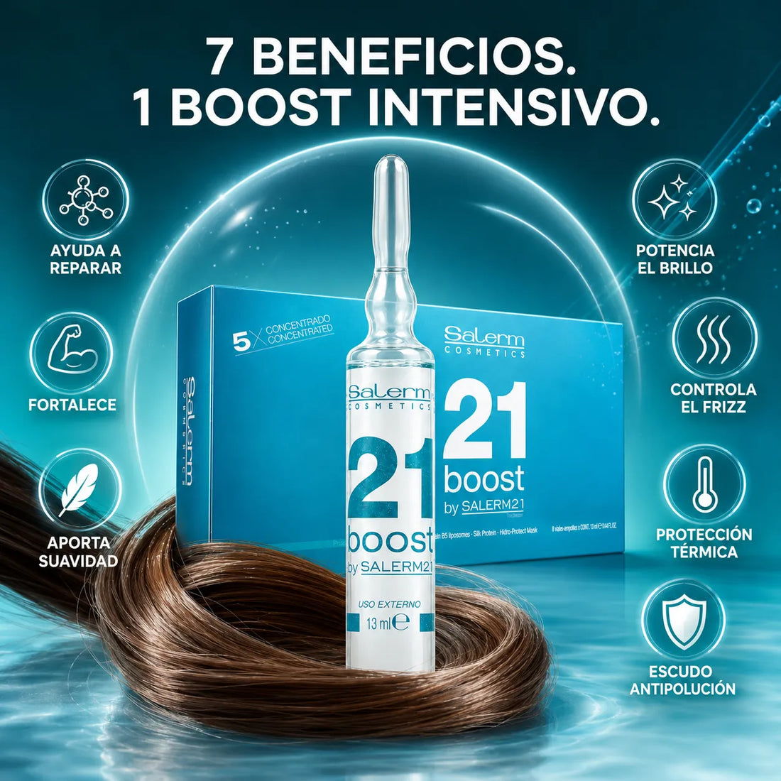 Salerm 21 Boost – Ampollas Reparadoras para Cabello Dañado Antifrizz 8 x 13 ml
