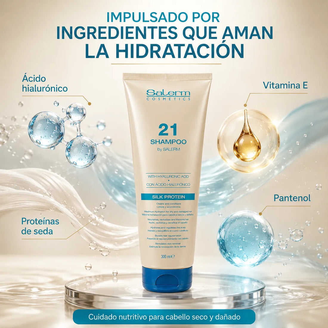 Salerm 21 – Champú para cabello seco y dañado con ácido hialurónico 300 ml