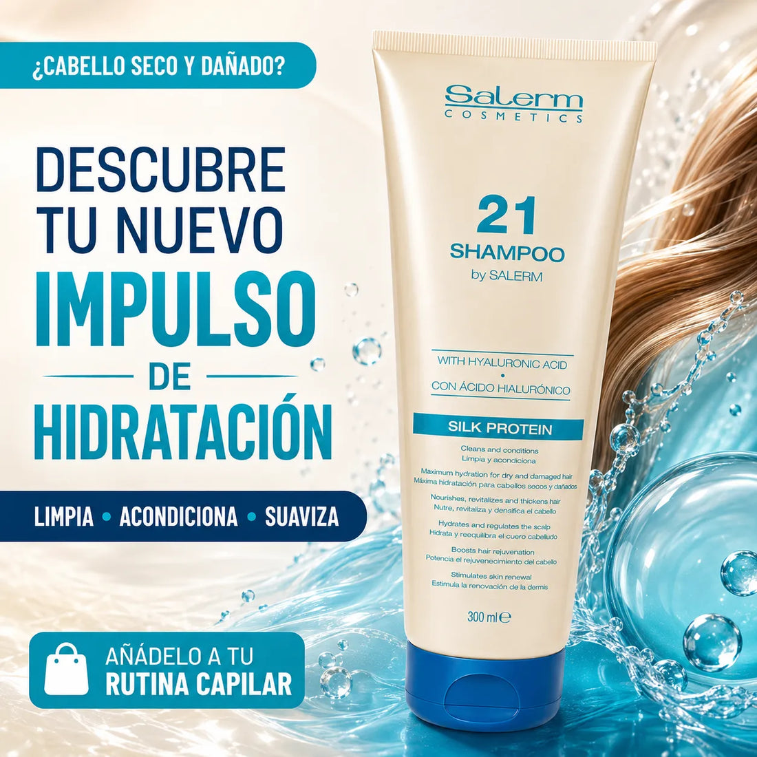 Salerm 21 – Champú para cabello seco y dañado con ácido hialurónico 300 ml