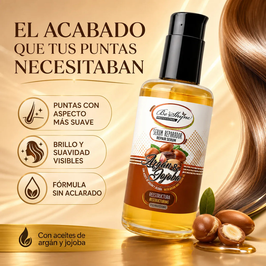 Be'Shyne – Sérum reparador de pontas espigadas com argão e jojoba 100 ml