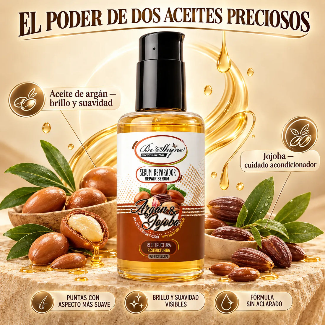 Be'Shyne – Sérum reparador de pontas espigadas com argão e jojoba 100 ml