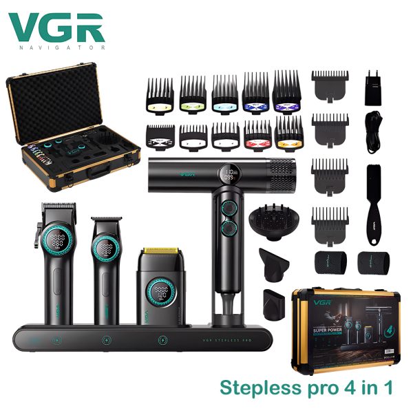 Set de peluquería VGR 4 en 1: Cortapelos profesional, recortadora, afeitadora y secador de pelo.