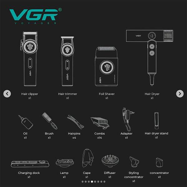 Set de peluquería VGR 4 en 1: Cortapelos profesional, recortadora, afeitadora y secador de pelo.