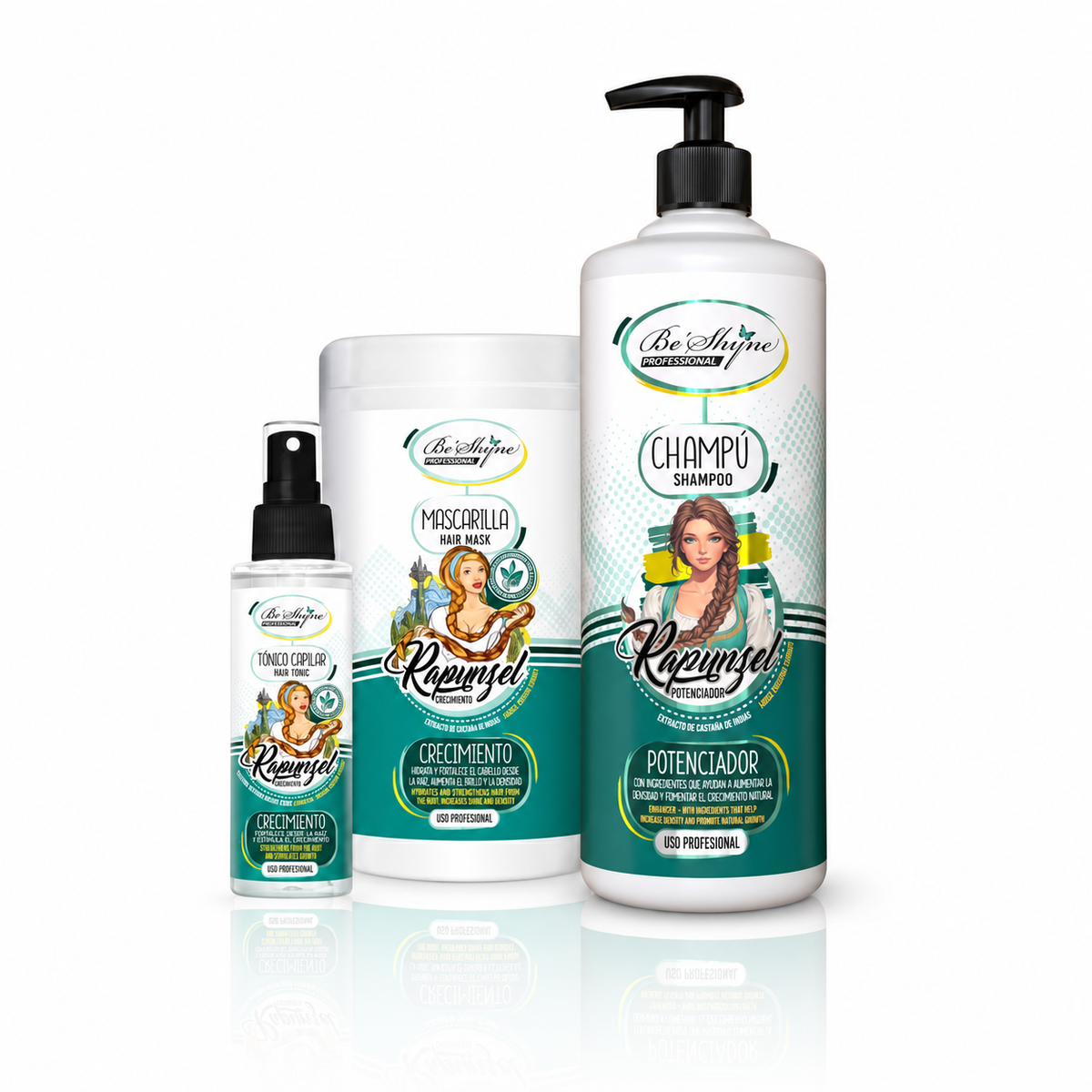 Be’Shyne – Kit capilar Rapunzel para cabello debilitado 1 L + 1 L + 100 ml