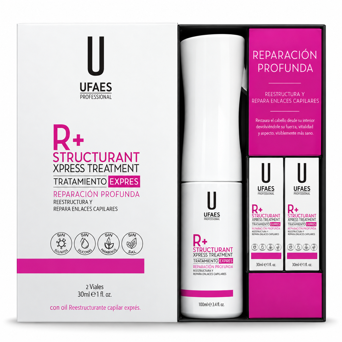 UFAES – Tratamiento reparador capilar R+ Structurant Xpress, 2 × 30 ml + pulverizador de 300 ml