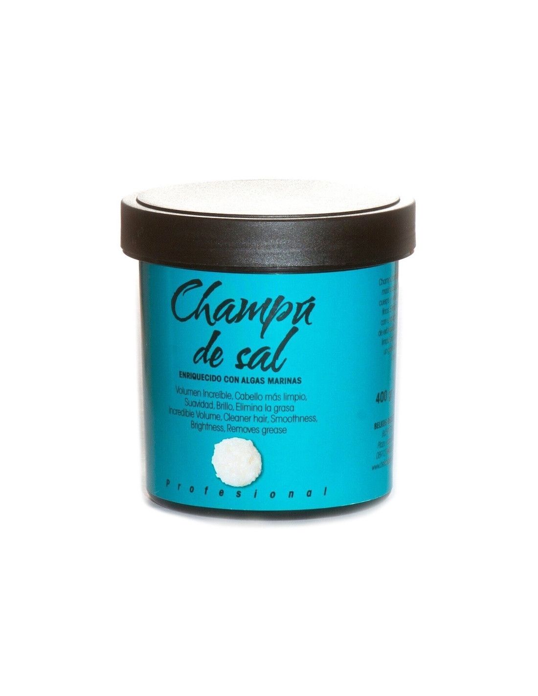 CHAMPÚ DE SAL formulado a base de sal marina que proporciona brillo, cuerpo y volumen a los cabellos finos. Tamaño de 400g.
