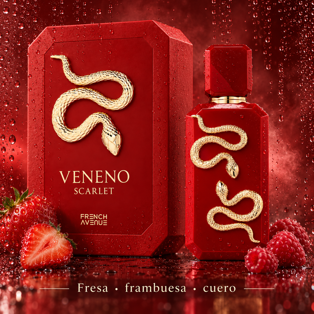 Veneno Scarlet con gotas y notas olfativas de fresa, frambuesa y cuero