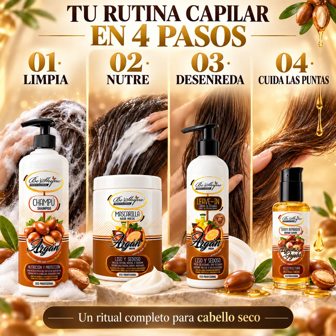 Be'Shyne – Pack para Cabello Seco con Argán, Nutrición y Suavidad – 4 Productos