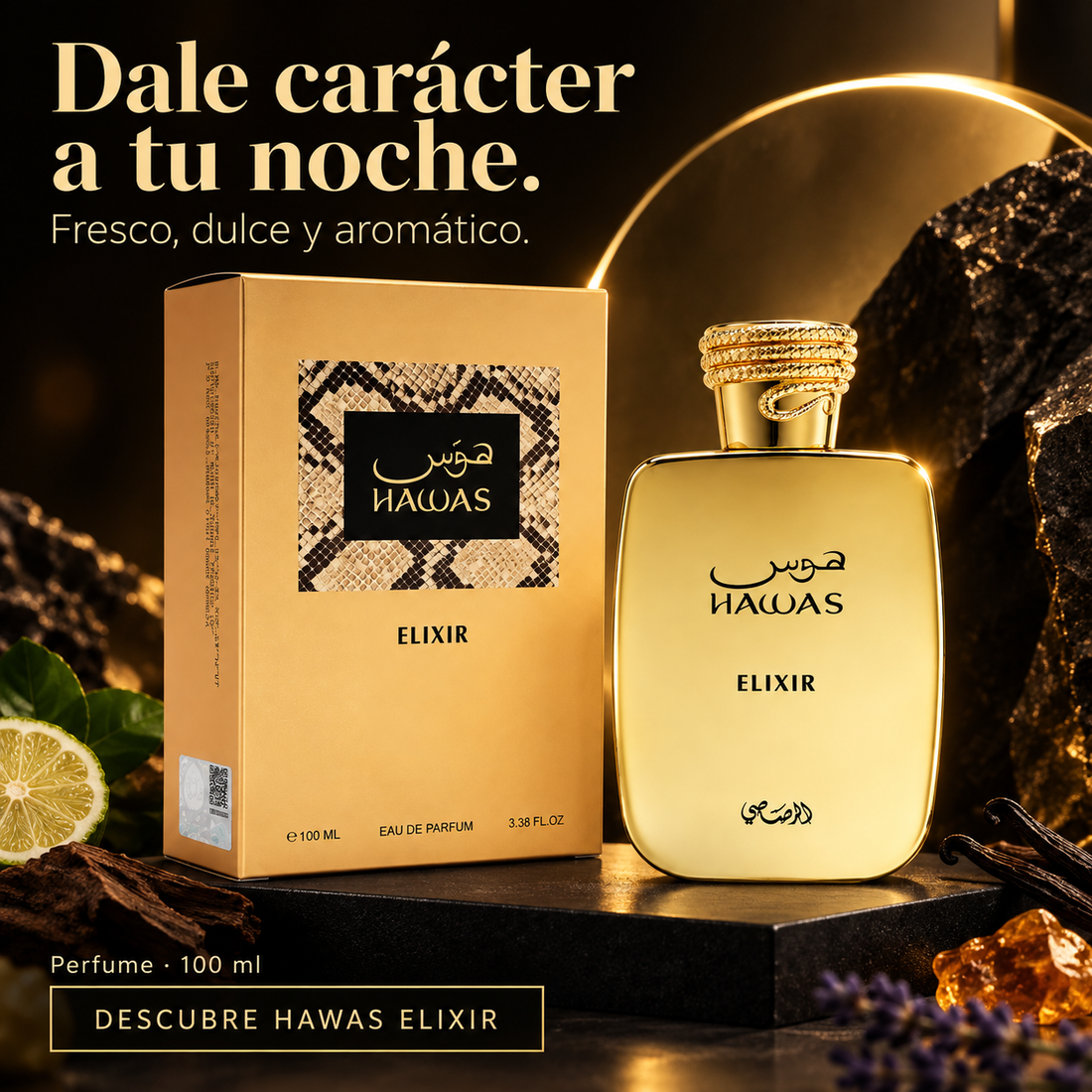 Anuncio de Rasasi Hawas Elixir 100 ml con frasco y estuche dorados sobre fondo oscuro.