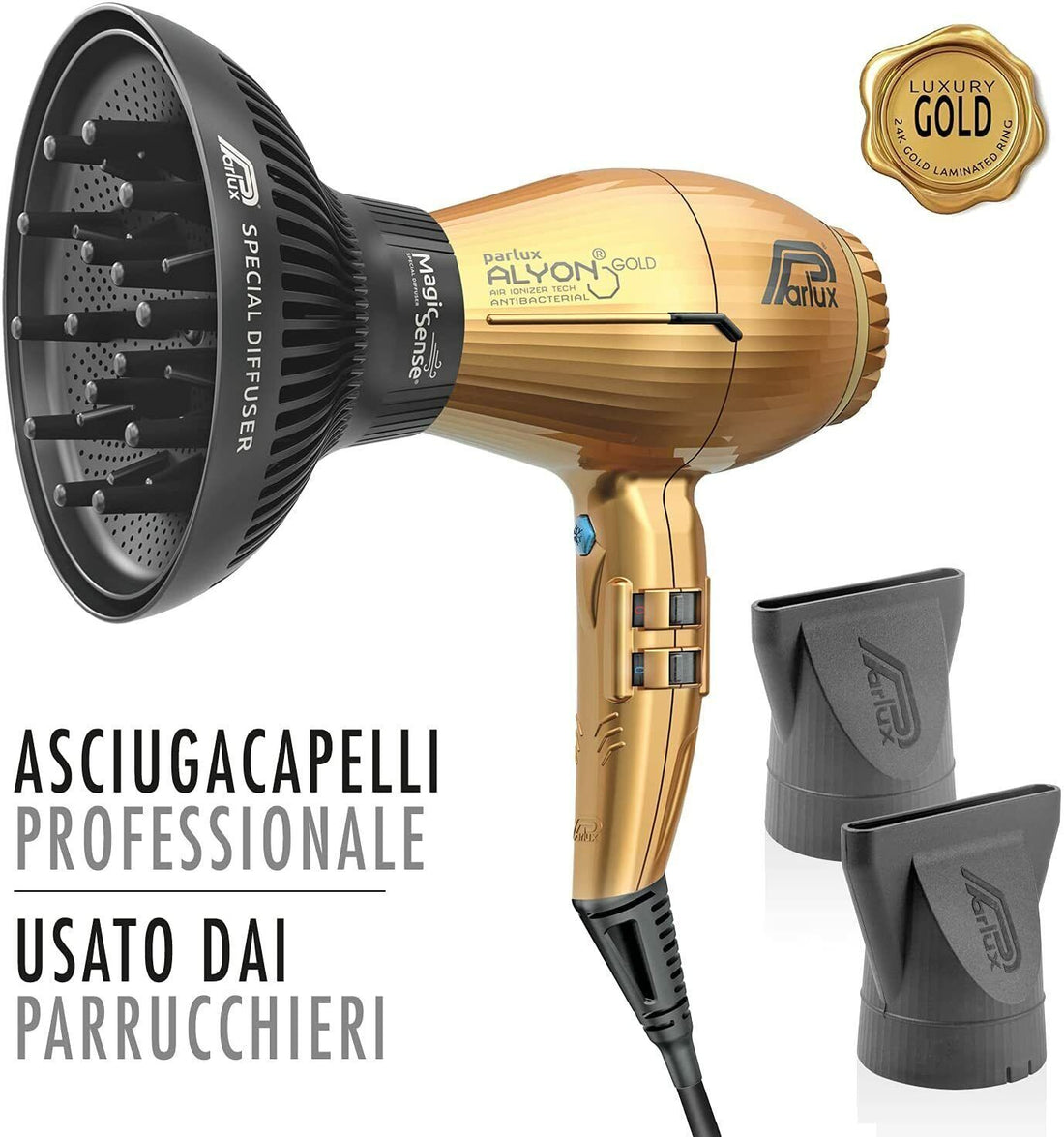 Secador de pelo profesional Parlux Alyon Gold Air Ionizer Tech Gold con difusor MagicSense