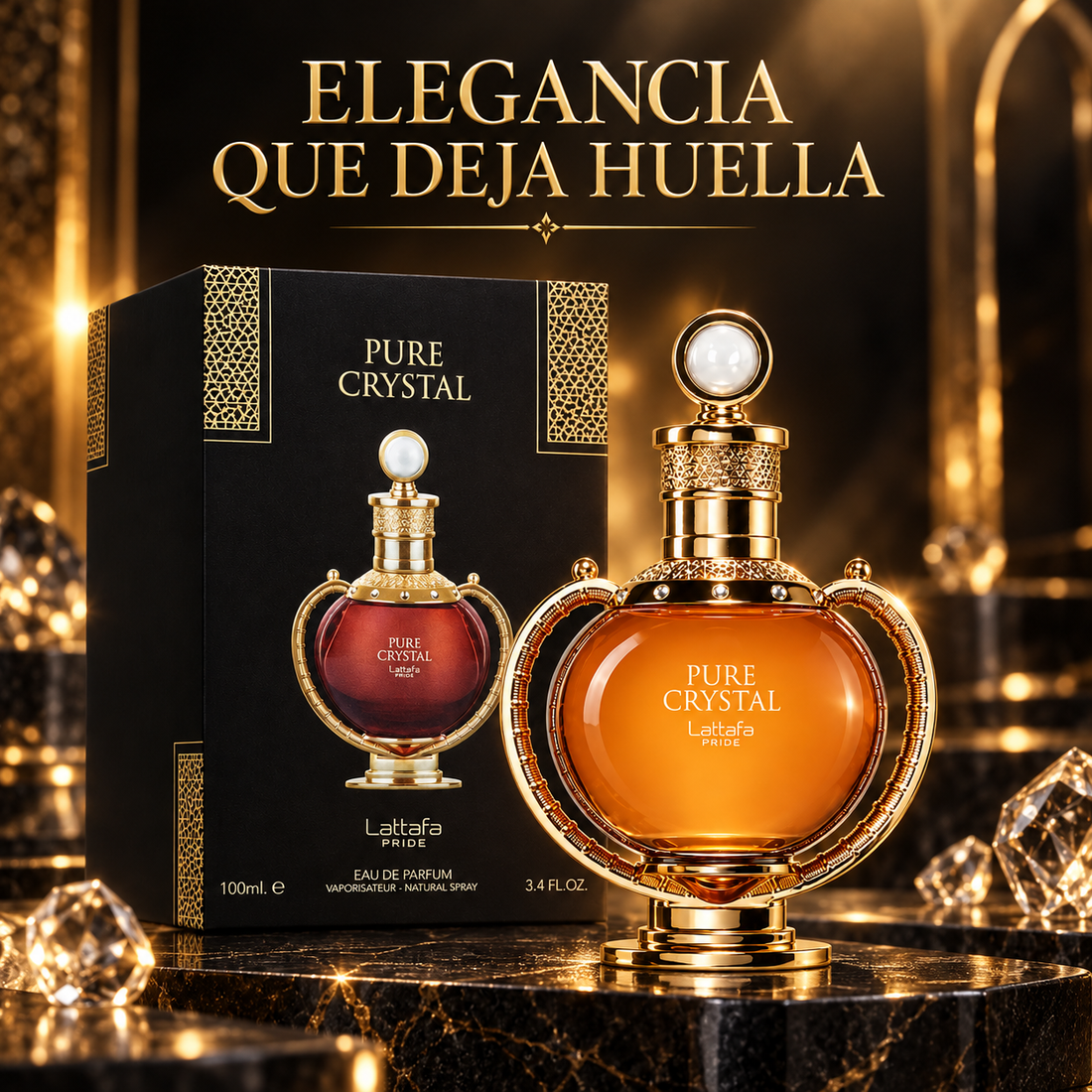 Lattafa Pride Pure Crystal perfume unisex en escena premium dorada