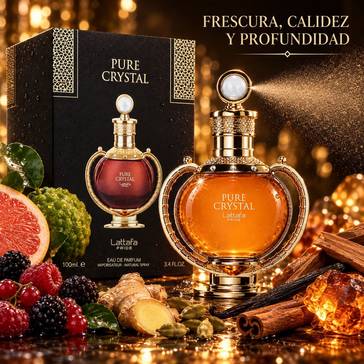 Lattafa Pride Pure Crystal con pulverización y notas olfativas