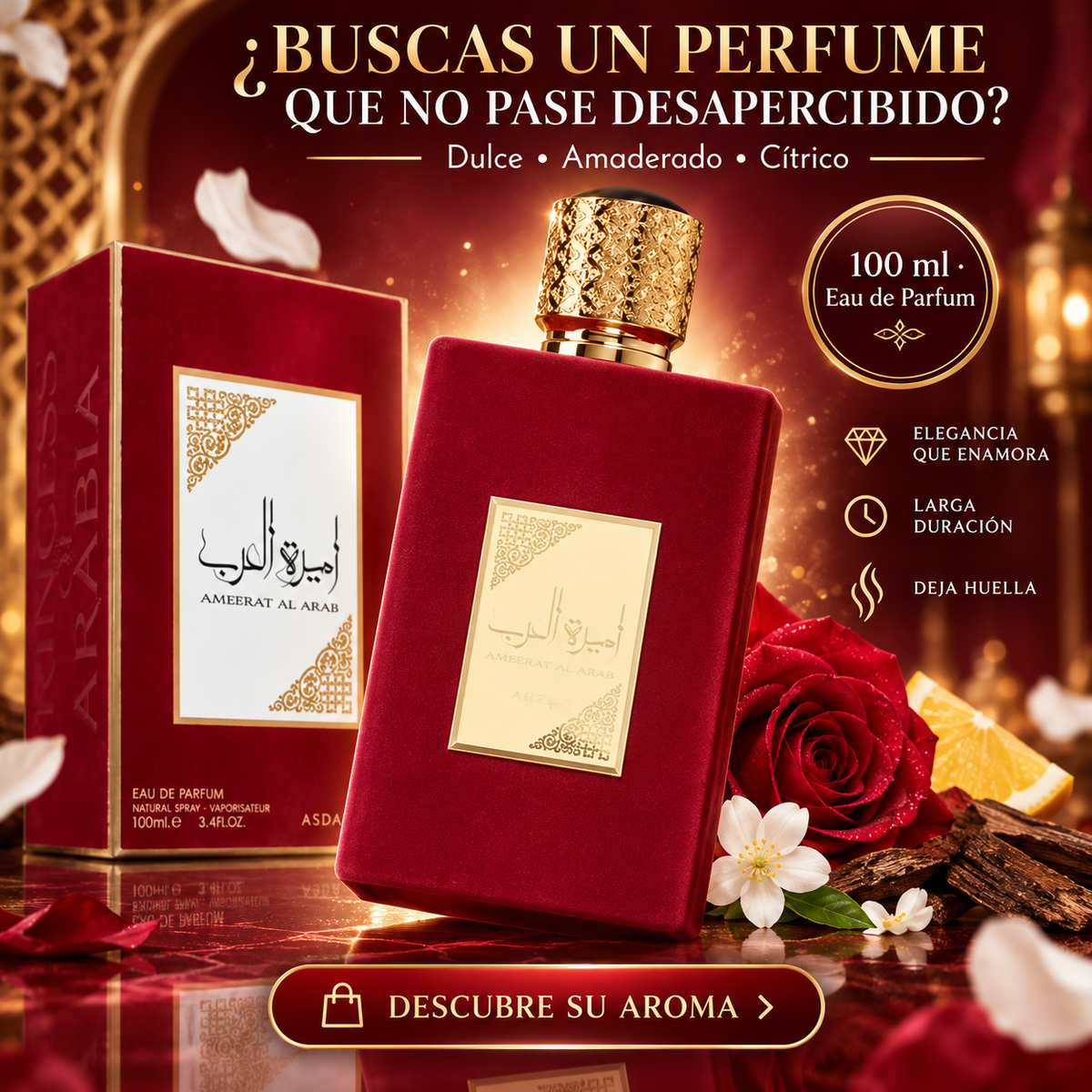 Lattafa – Perfume árabe feminino Ameerat Al Arab de longa duração 100ml