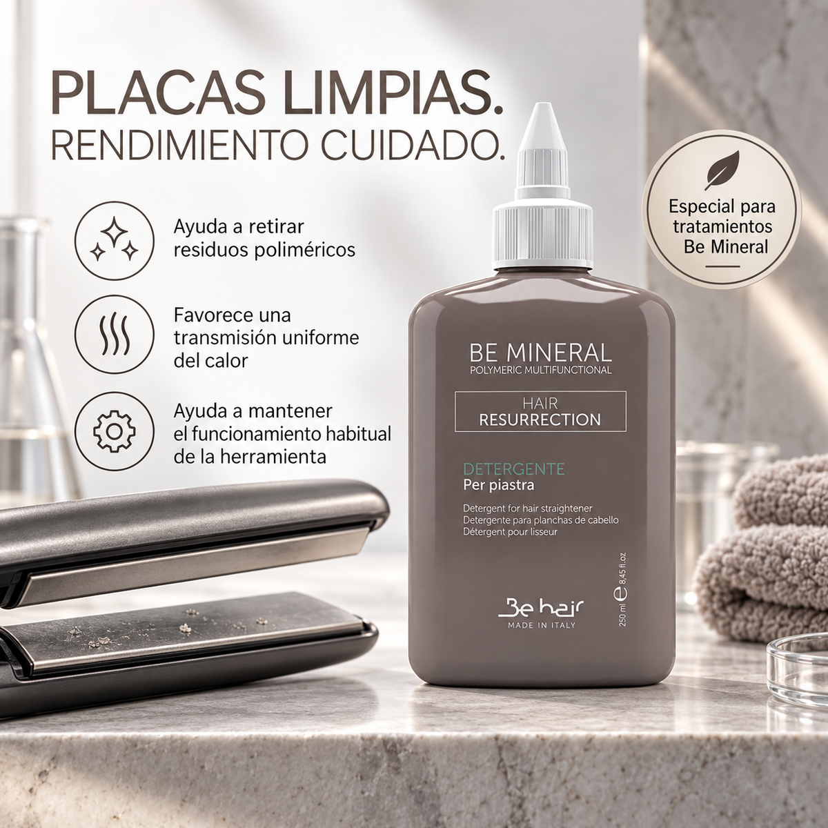 Be Mineral – Limpiador para Planchas de Cabello de Uso Profesional 250 ml