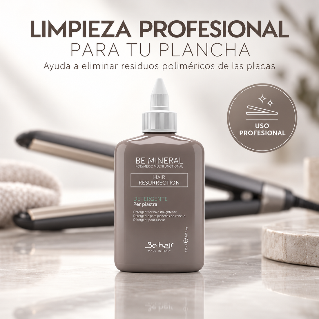 Be Mineral – Limpiador para Planchas de Cabello de Uso Profesional 250 ml