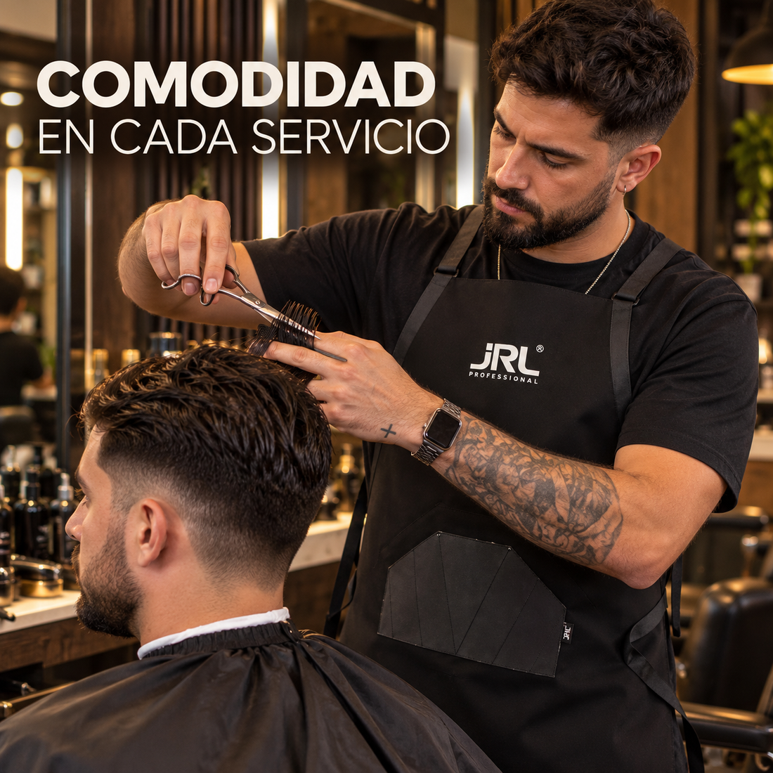 JRL Professional – Delantal de Barbero Negro con Bolsillo y Correas Ajustables