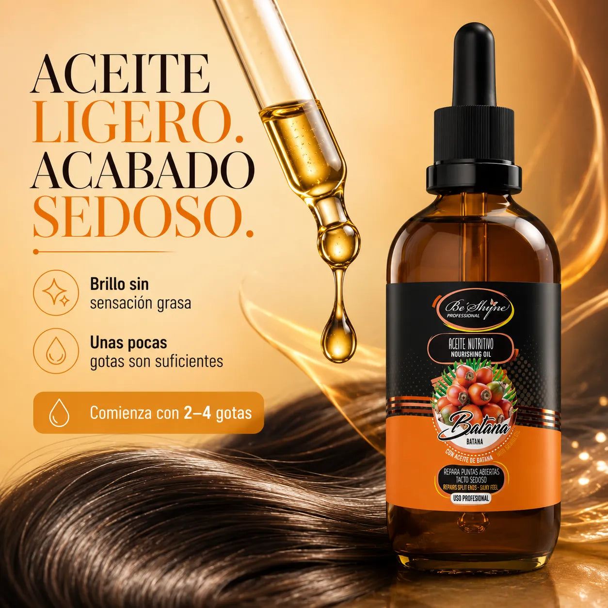 Be'Shyne – Aceite capilar nutritivo con batana para puntas secas 100 ml