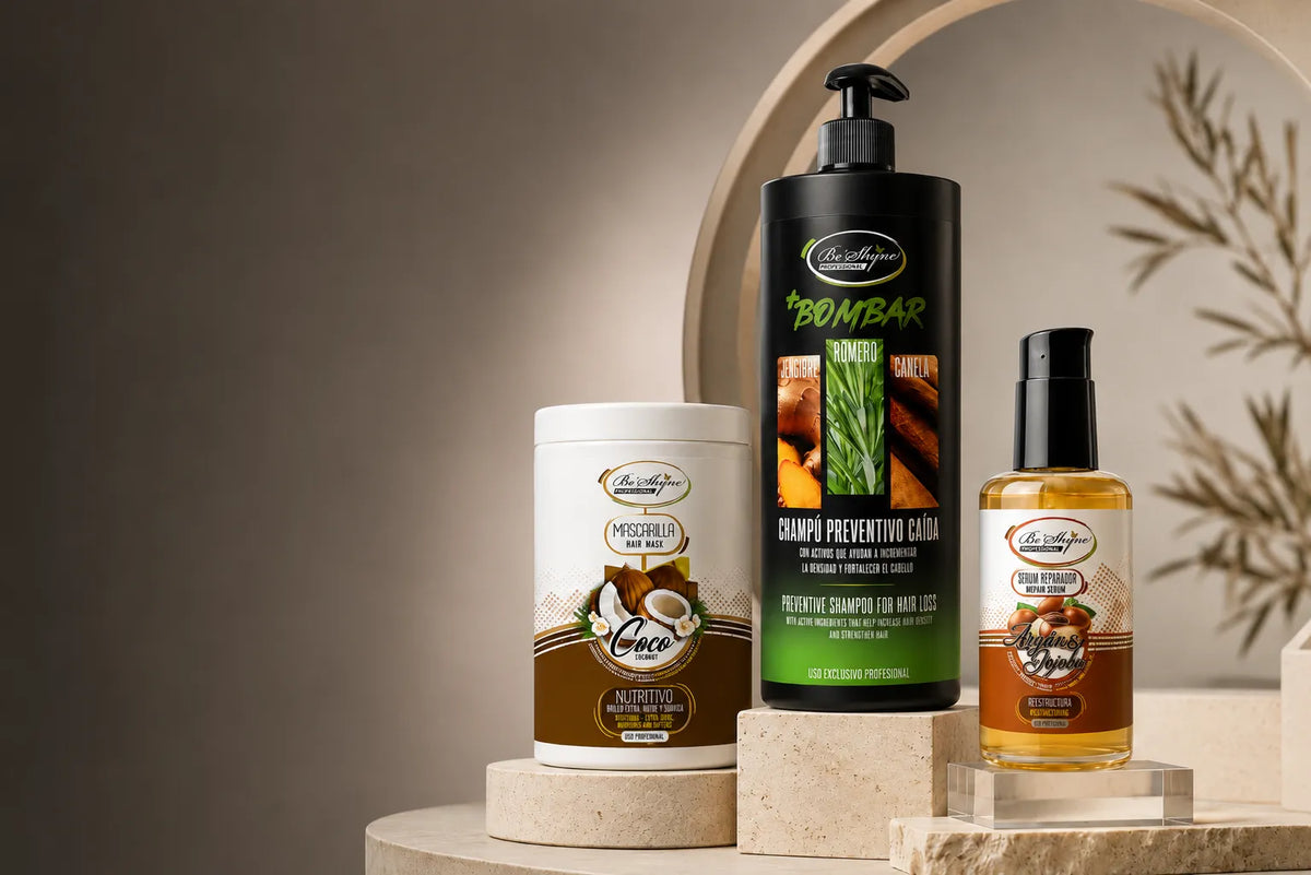 Productos de Be'Shyne Professional sobre pedestales de piedra