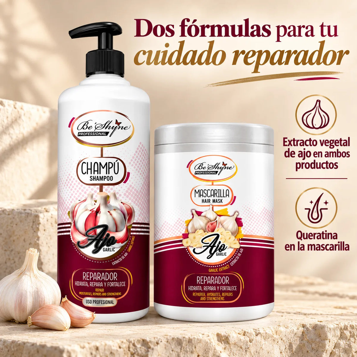 Be'Shyne – Pack Champú y Mascarilla Reparador con Ajo para Cabello Dañado 2 × 1000 ml