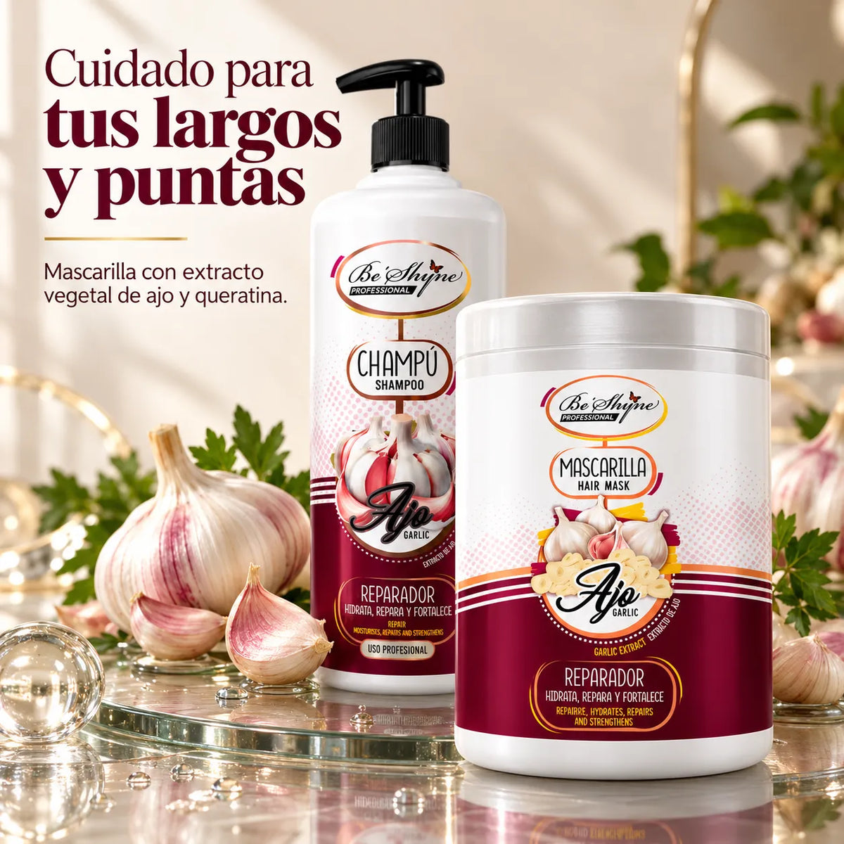 Be'Shyne – Pack Champú y Mascarilla Reparador con Ajo para Cabello Dañado 2 × 1000 ml