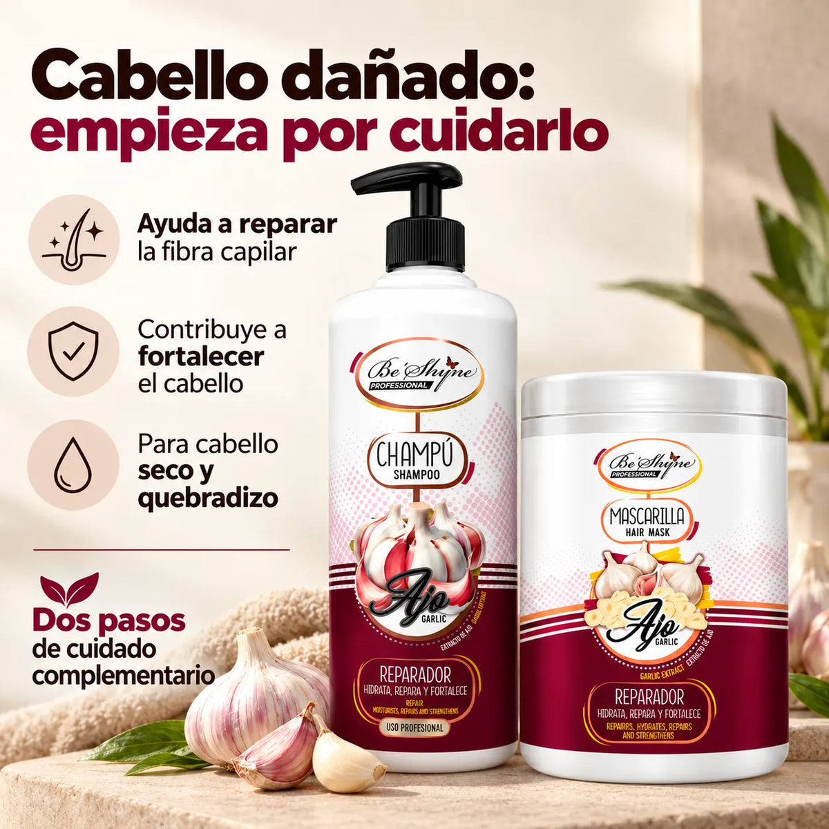 Be'Shyne – Pack Champú y Mascarilla Reparador con Ajo para Cabello Dañado 2 × 1000 ml