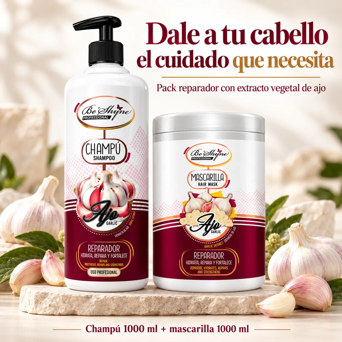 Be'Shyne – Pack Champú y Mascarilla Reparador con Ajo para Cabello Dañado 2 × 1000 ml