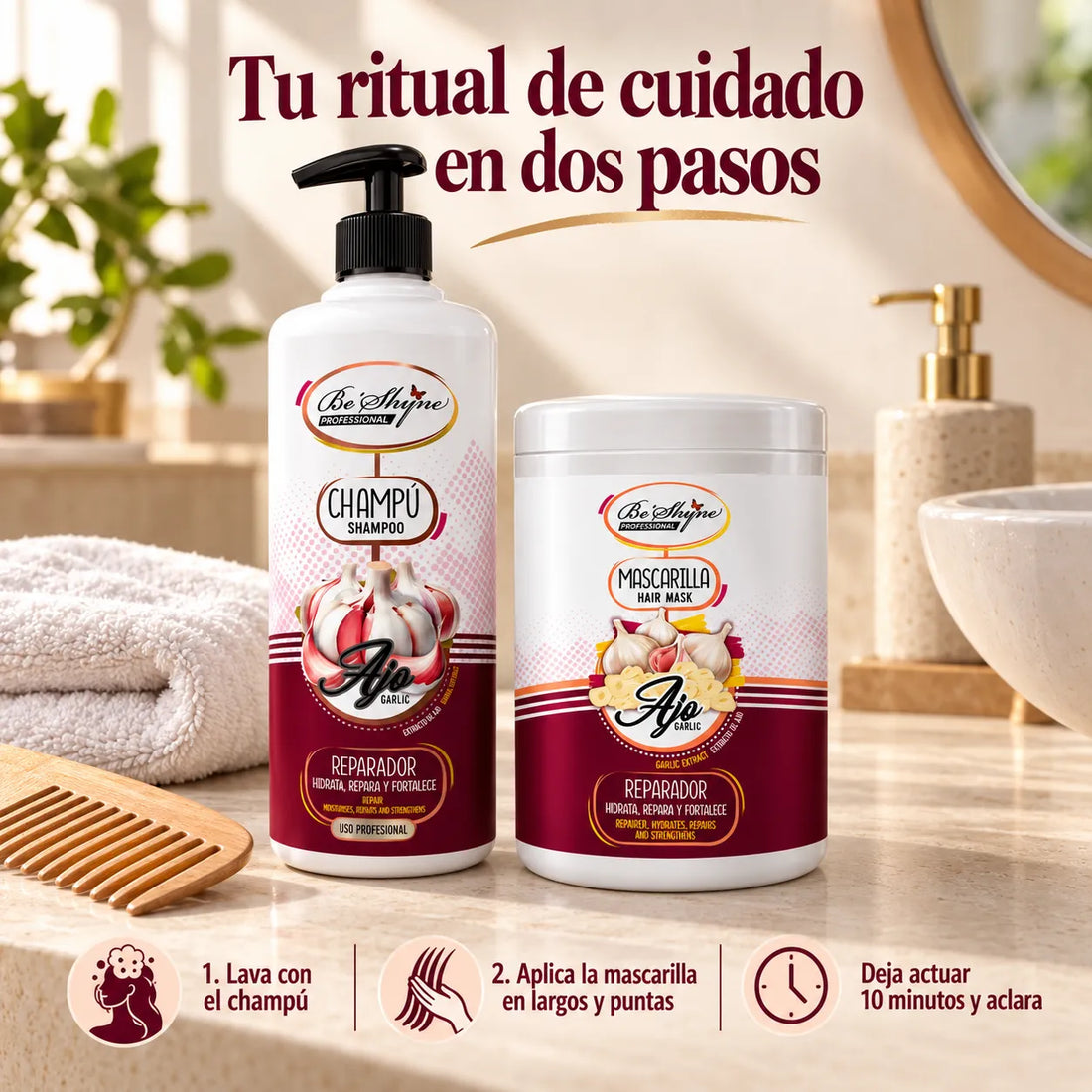 Be'Shyne – Pack Champú y Mascarilla Reparador con Ajo para Cabello Dañado 2 × 1000 ml