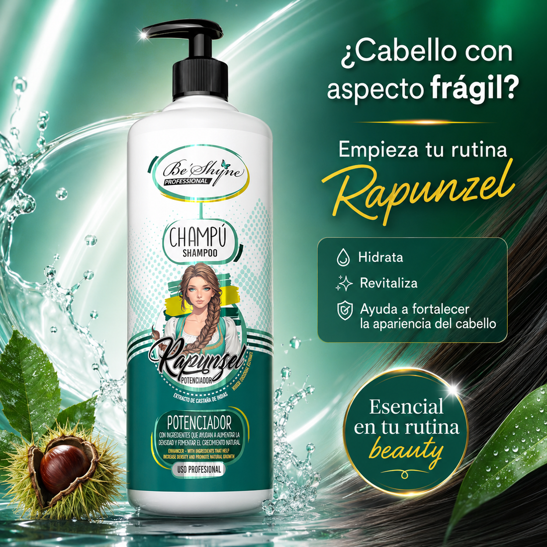 Be´Shyne® Kit Rapunzel ,Champú 1L+ Mascarilla 1L+ Tónico 100ml, reestructura y revitaliza el crecimiento.