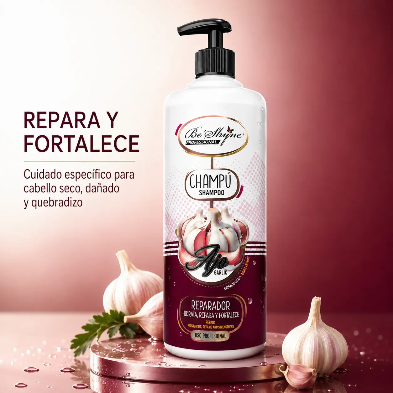 Be'Shyne – Champú Reparador con Extracto de Ajo para Cabello Dañado 1000 ml