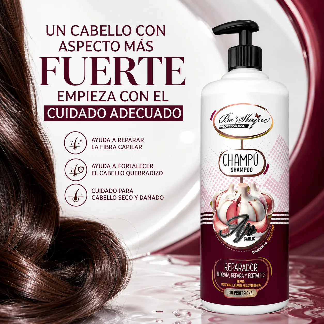 Be'Shyne – Champú Reparador con Extracto de Ajo para Cabello Dañado 1000 ml