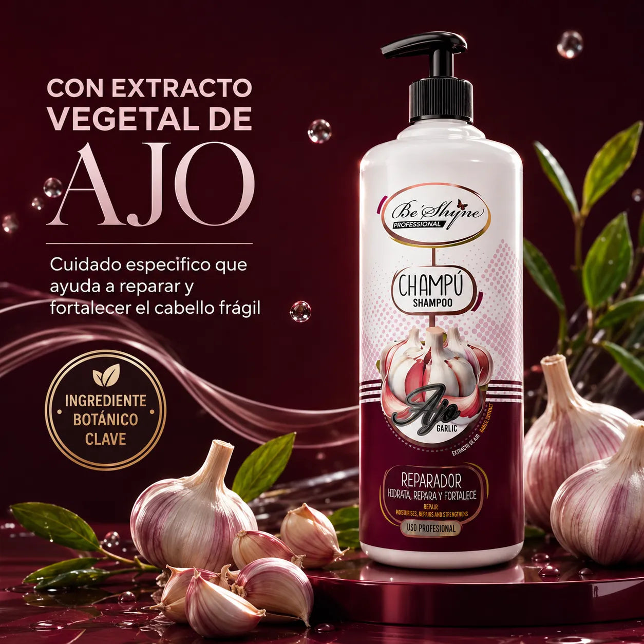 Be'Shyne – Champú Reparador con Extracto de Ajo para Cabello Dañado 1000 ml