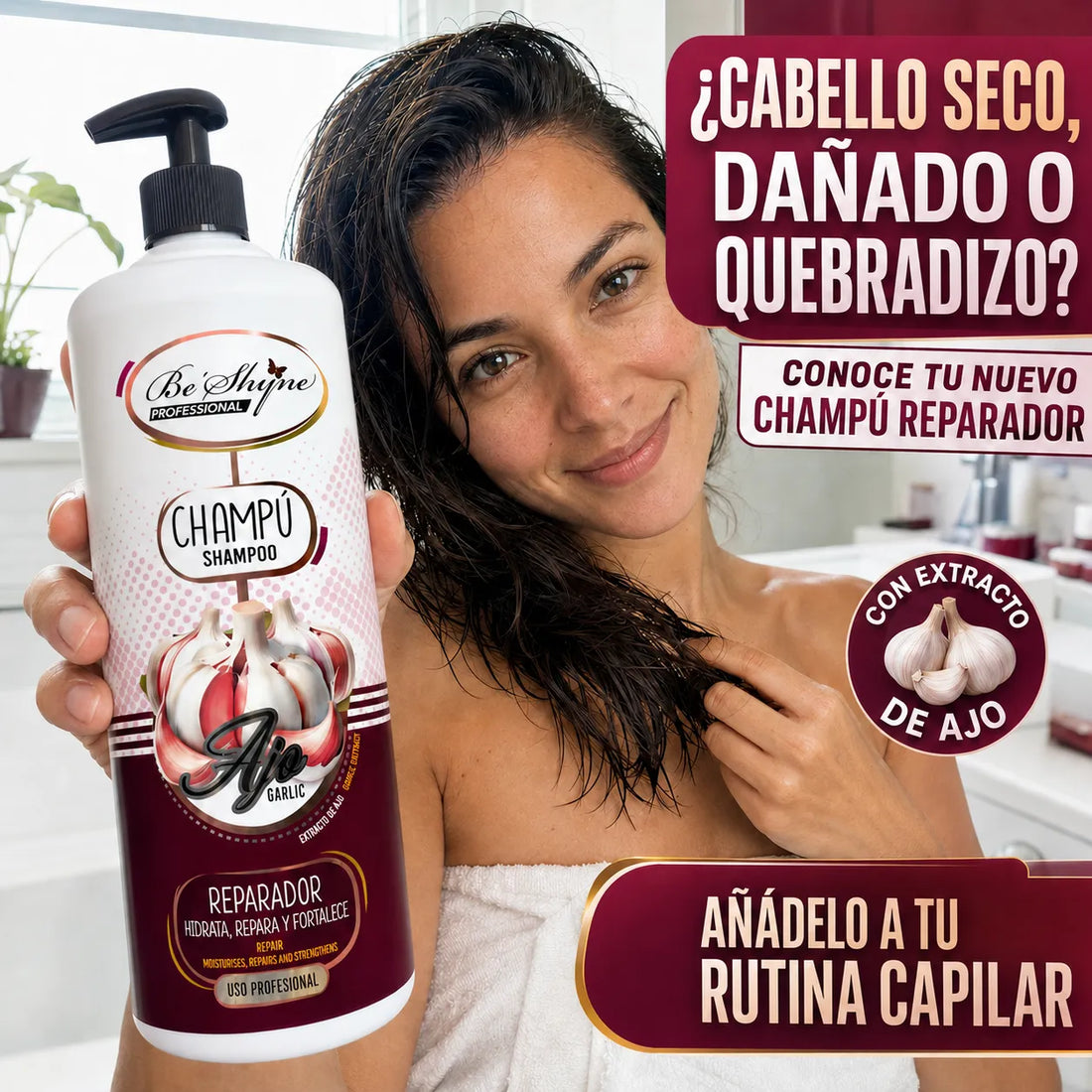Be'Shyne – Champú Reparador con Extracto de Ajo para Cabello Dañado 1000 ml