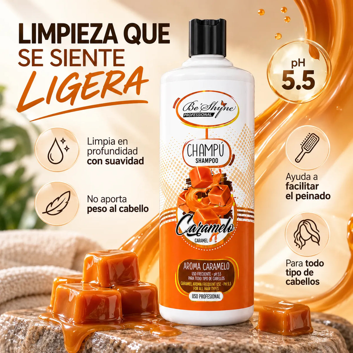 Be'Shyne – Champô Neutro Caramelo para Todo o Tipo de Cabelos 1000 ml