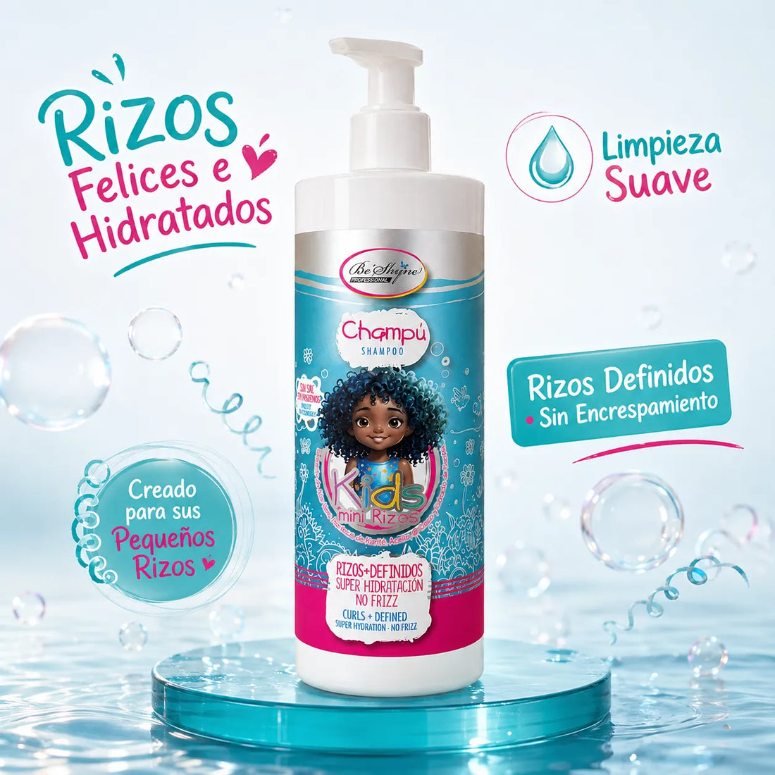 Be'Shyne – Champú Kids para Rizos Infantiles Hidratante y Antiencrespamiento 500 ml