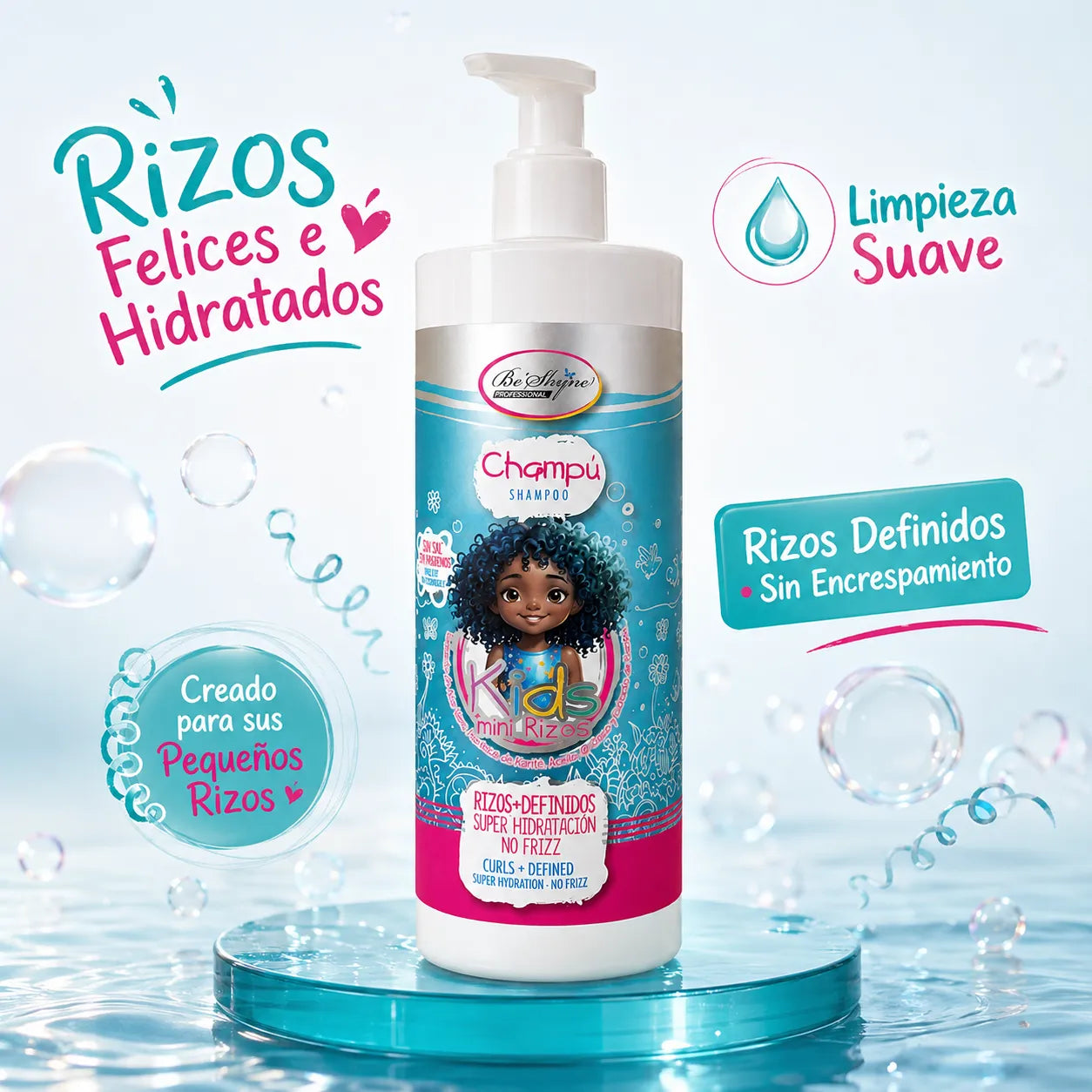 Be'Shyne – Champú Kids para Rizos Infantiles Hidratante y Antiencrespamiento 500 ml