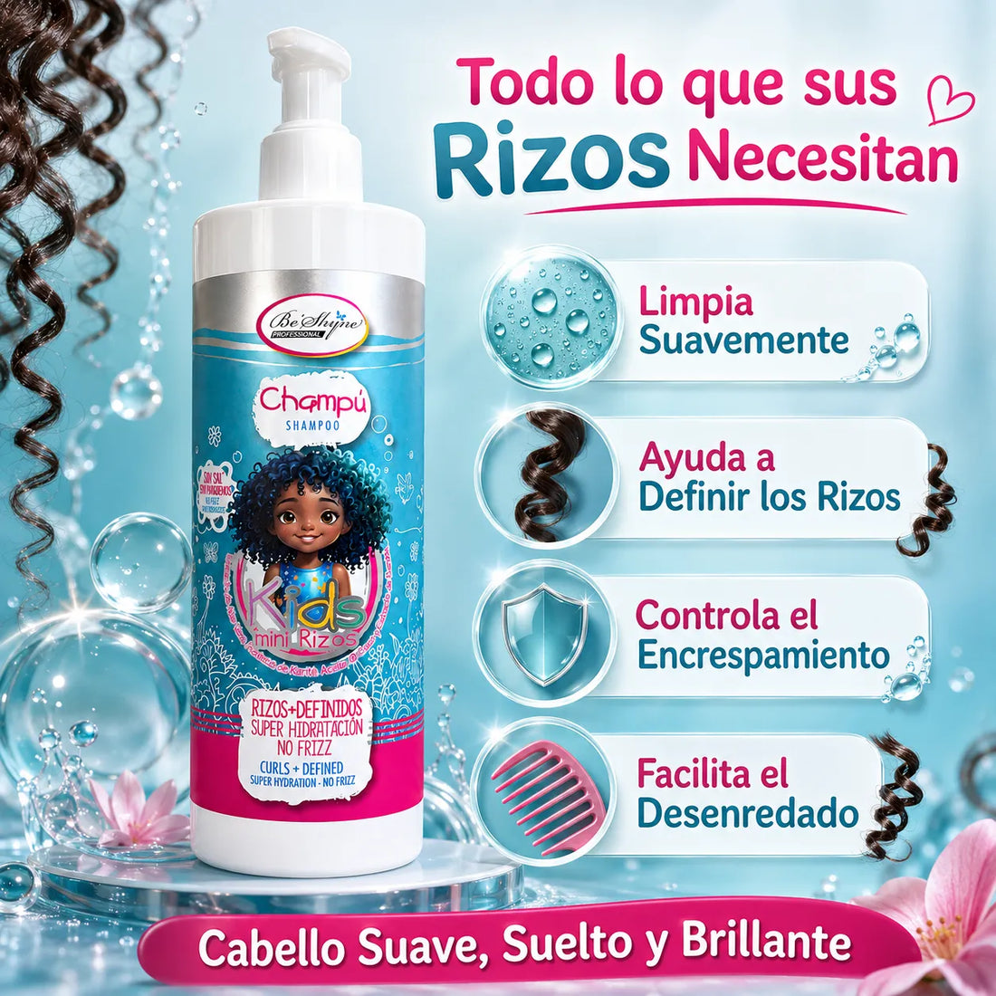 Be'Shyne – Champú Kids para Rizos Infantiles Hidratante y Antiencrespamiento 500 ml