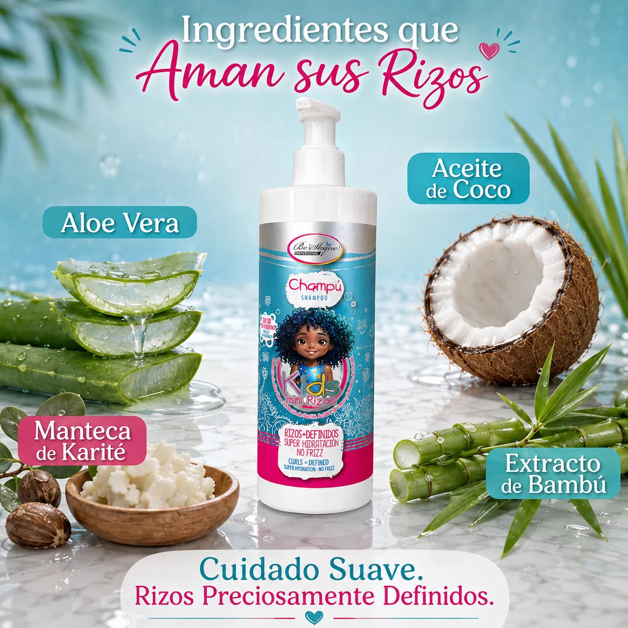 Be'Shyne – Champú Kids para Rizos Infantiles Hidratante y Antiencrespamiento 500 ml