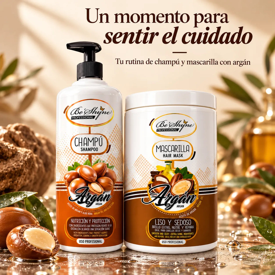 Be'Shyne – Pack de Champú y Mascarilla para Cabello Seco con Argán 2 x 1000 ml