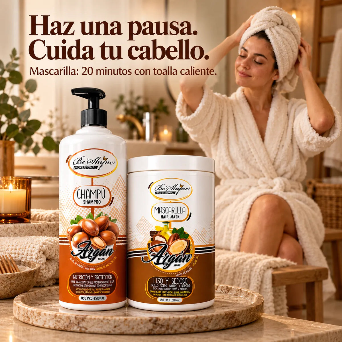 Be'Shyne – Pack de Champú y Mascarilla para Cabello Seco con Argán 2 x 1000 ml