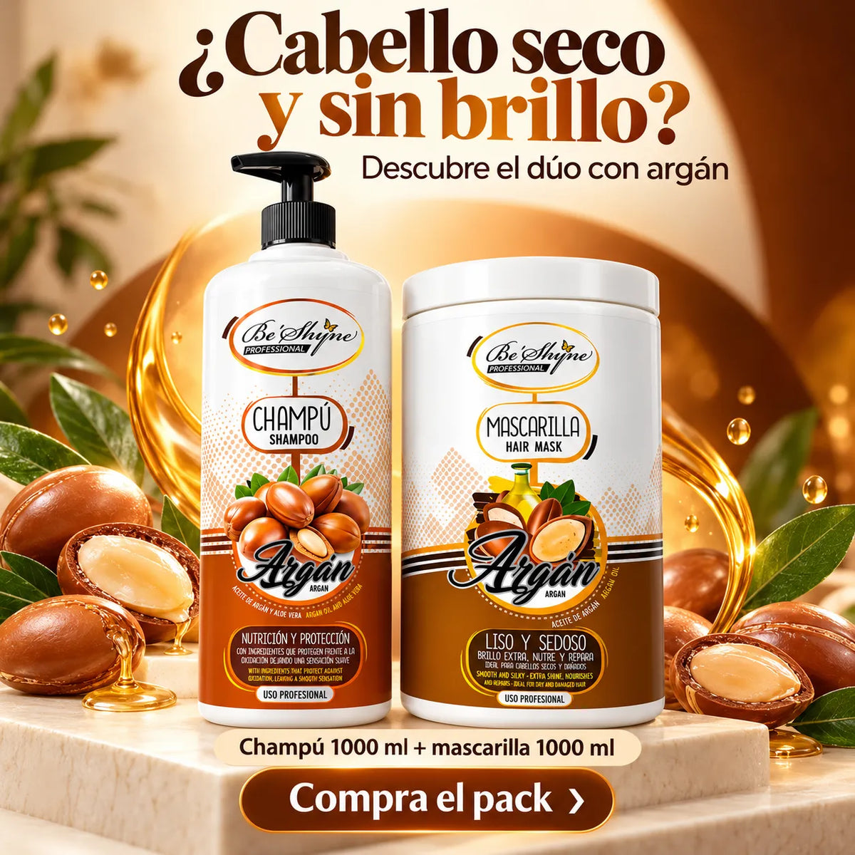 Be'Shyne – Pack de Champú y Mascarilla para Cabello Seco con Argán 2 x 1000 ml