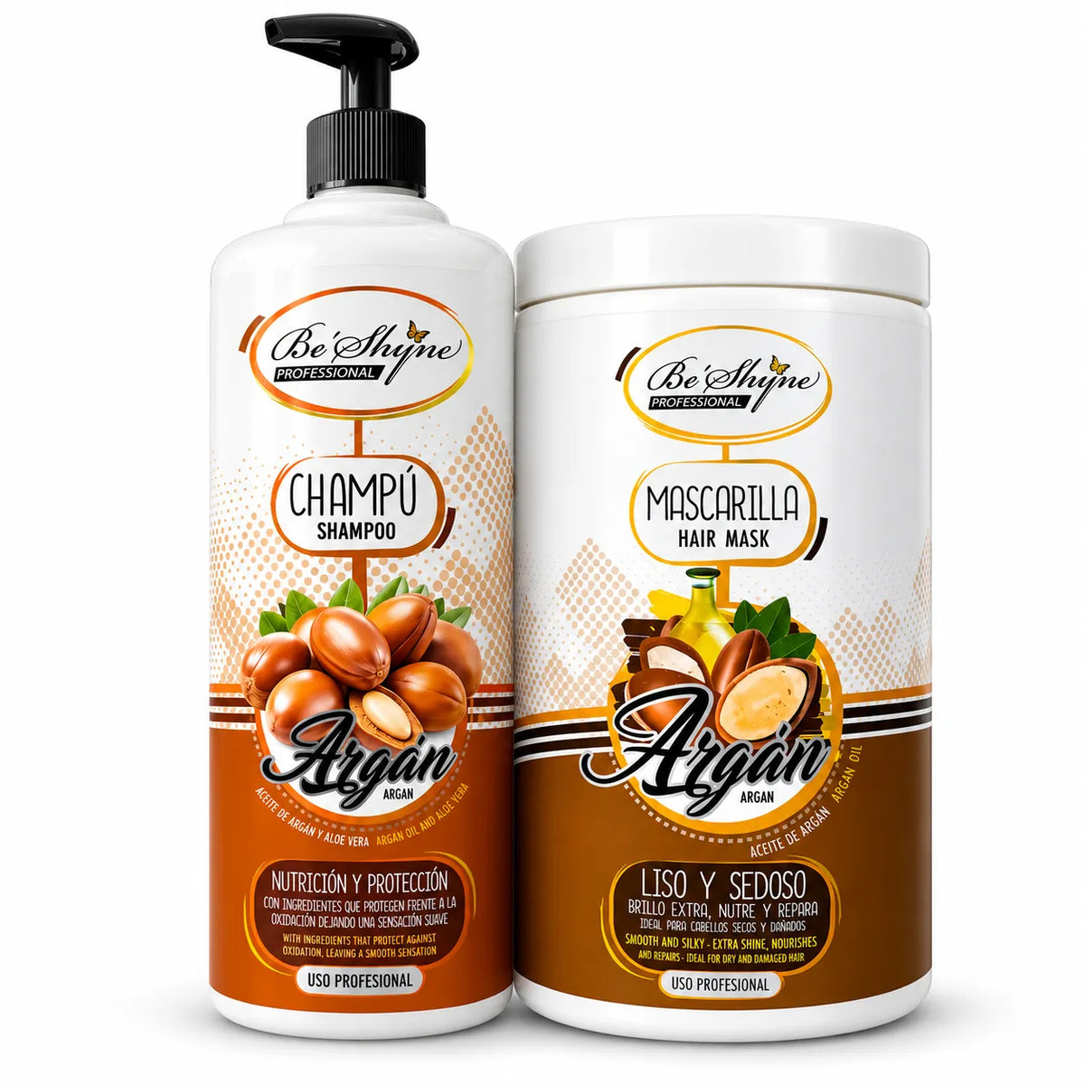 Be'Shyne – Pack de Champú y Mascarilla para Cabello Seco con Argán 2 x 1000 ml