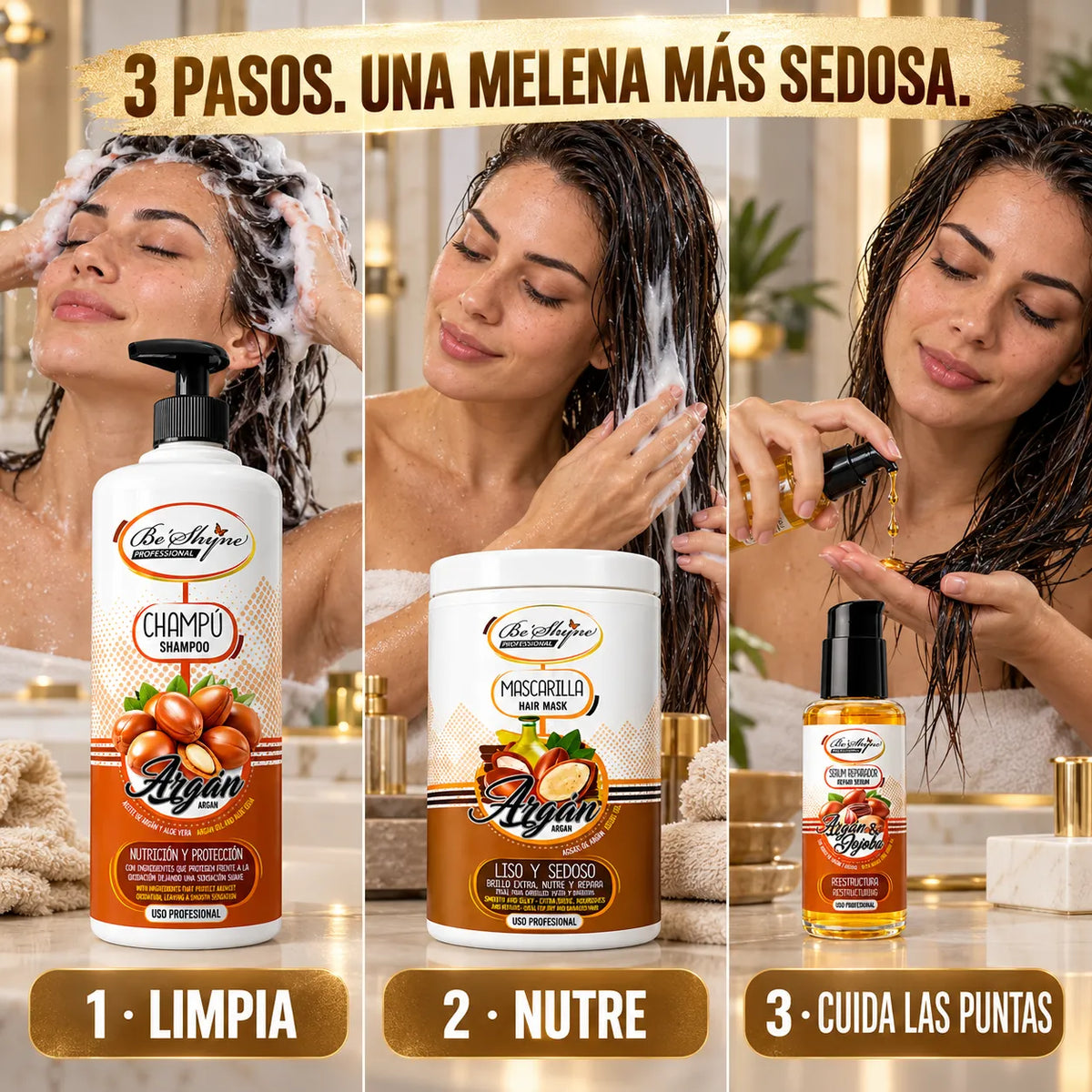 Be'Shyne – Pack para Cabello Seco con Argán: Champú 1000 ml + Mascarilla 1000 ml + Sérum 100 ml