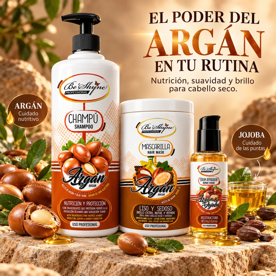 Be'Shyne – Pack para Cabello Seco con Argán: Champú 1000 ml + Mascarilla 1000 ml + Sérum 100 ml