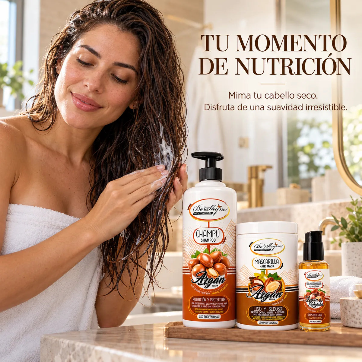 Be'Shyne – Pack para Cabello Seco con Argán: Champú 1000 ml + Mascarilla 1000 ml + Sérum 100 ml