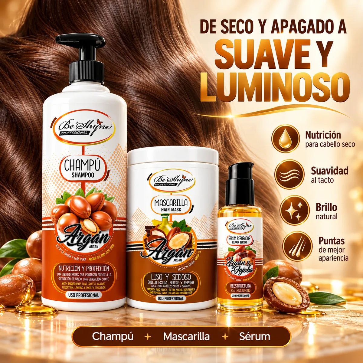 Be'Shyne – Pack para Cabello Seco con Argán: Champú 1000 ml + Mascarilla 1000 ml + Sérum 100 ml