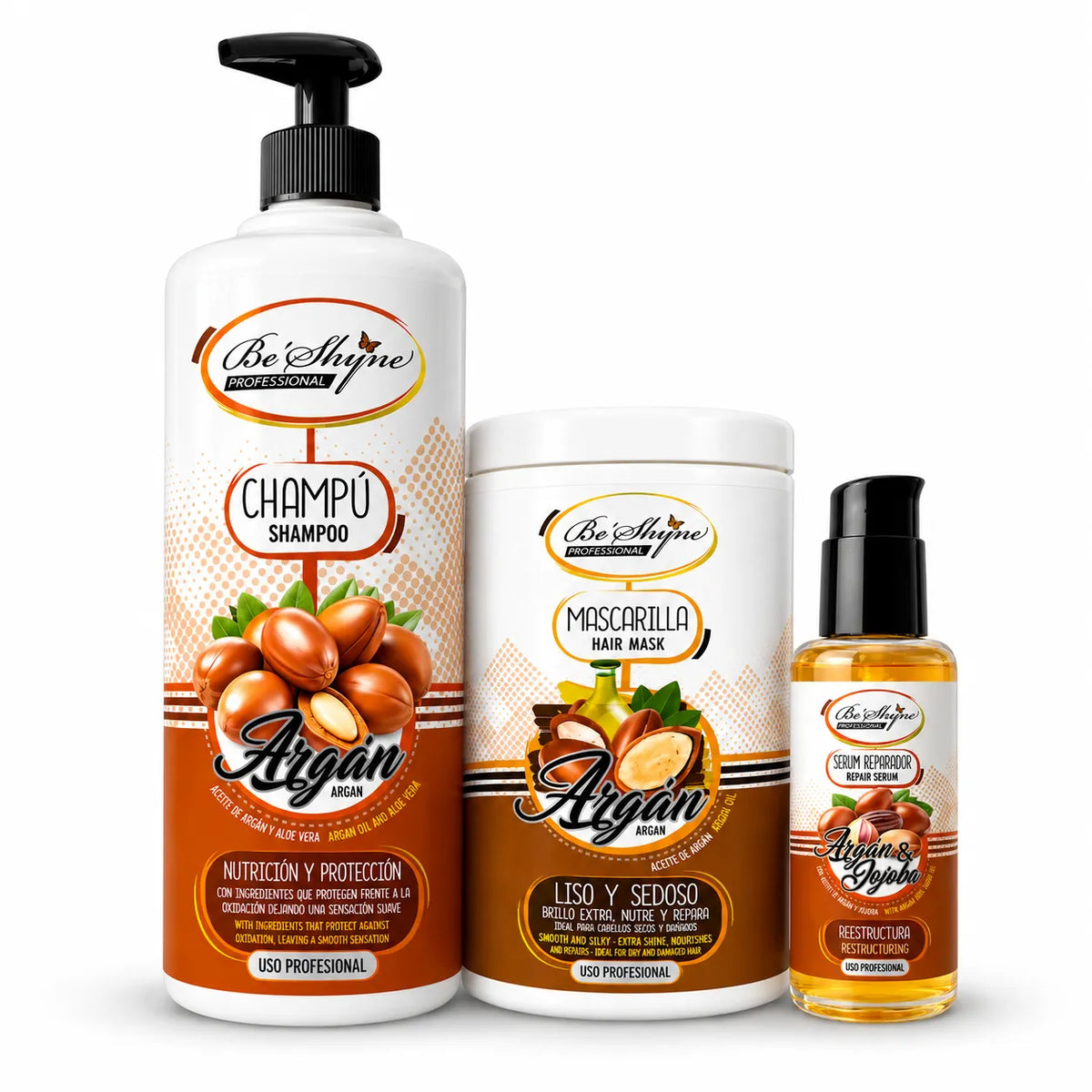 Be'Shyne – Pack para Cabello Seco con Argán: Champú 1000 ml + Mascarilla 1000 ml + Sérum 100 ml