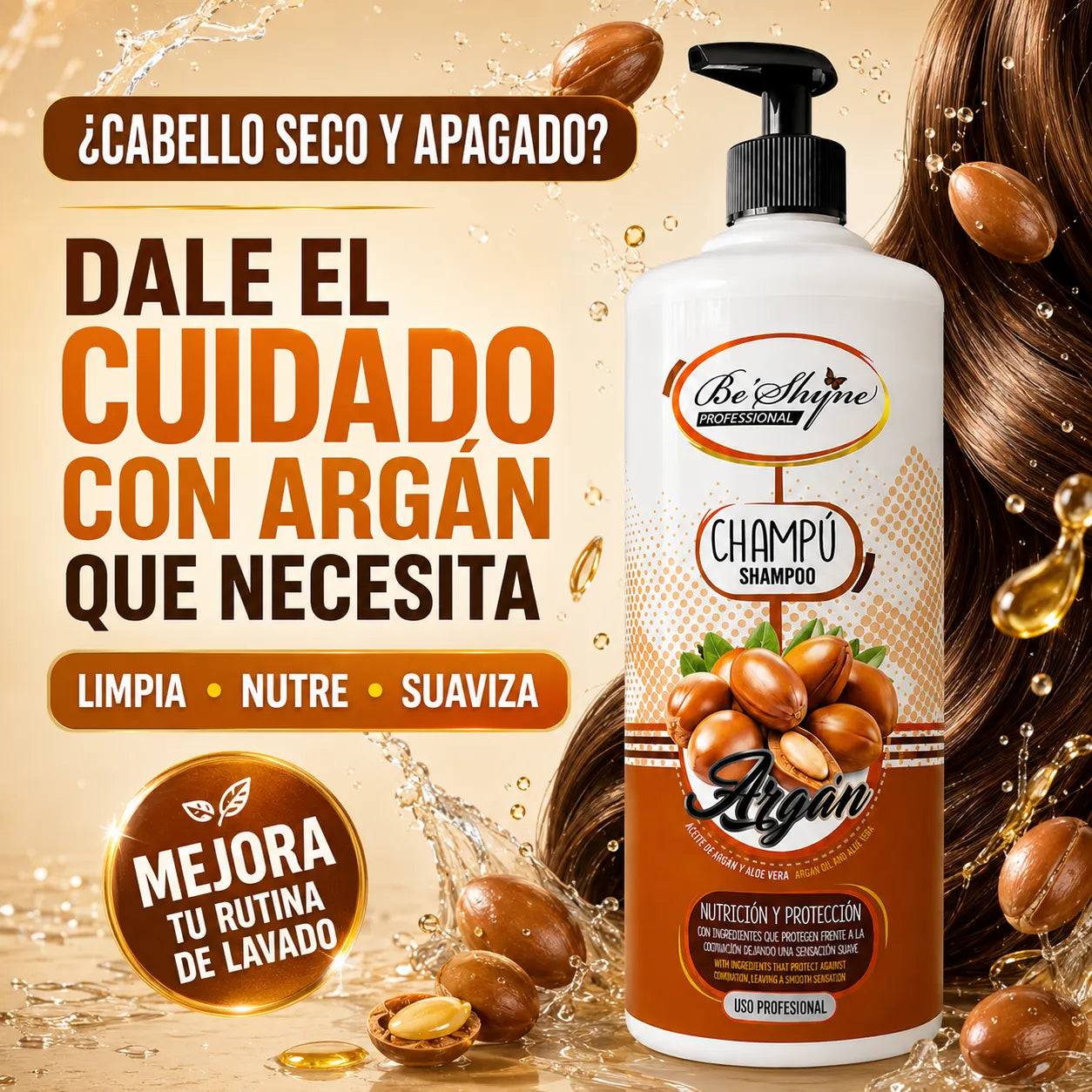 Be'Shyne – Champú para Cabello Seco Nutritivo y Protector con Argán 1000 ml